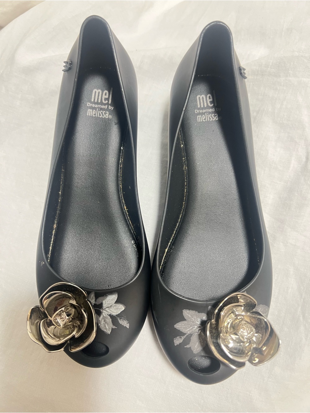 Melissa Mel Black Ballet Flats Metallic Flower Floral Print Size 4
